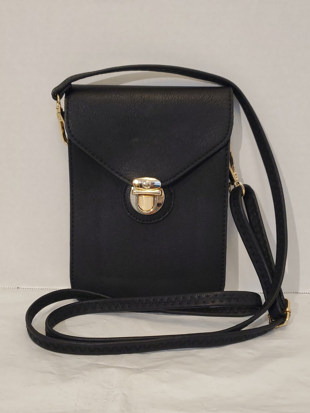 Black Crossbody Phone Bag with Gold Hardware